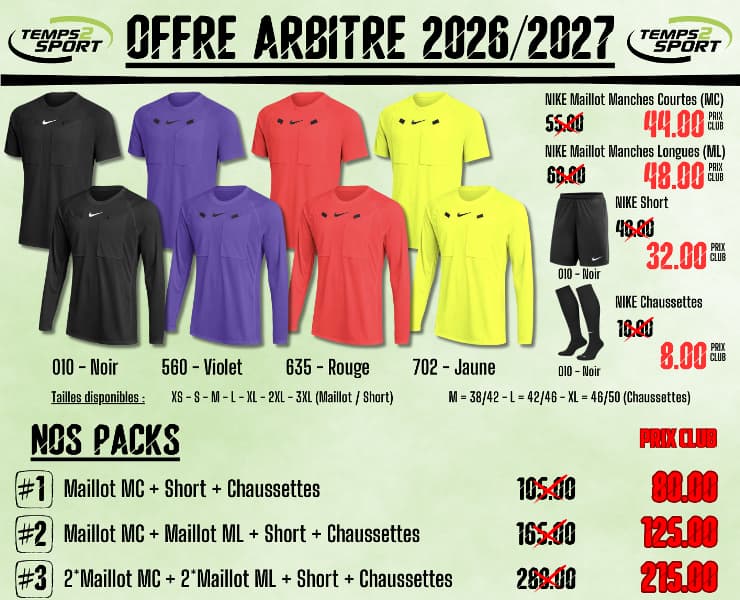 Les maillots NIKE arbitre 2026 chez TEMPS 2 SPORT